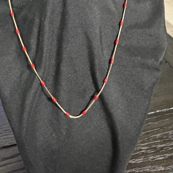 Vintage Gold-Tone Cable Chain Necklace W/ Red Beads & Lobster Clasp Closure 16" - Picture 7 of 10